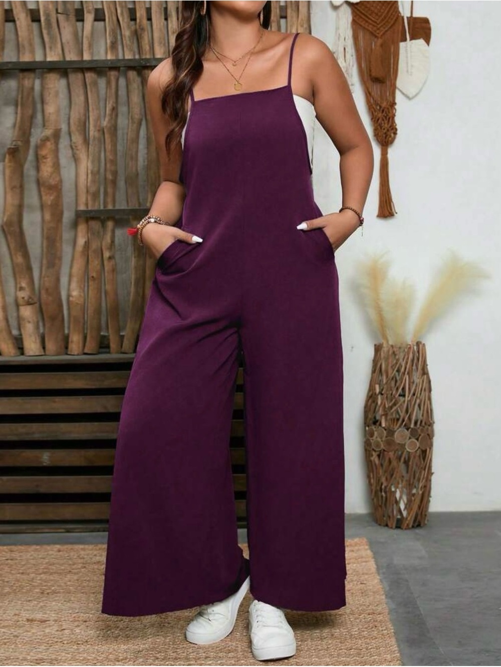 EMERY ROSE Plus Size Textured Fabric Square Collar Casual Jumpsuit 2X